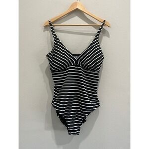 Catalina Black White Stripe One Piece Swimsuit Tummy Control V Neck XL 16-18
